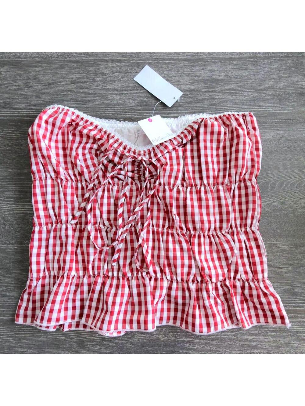 Rebellious One Red White Gingham Scrunched Strapless Top Women Size XS
